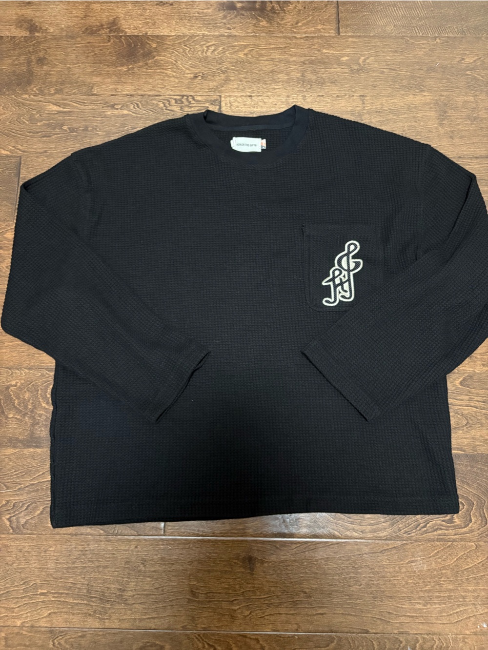 Men's Black Waffle Crewneck Sweater with Contrast Chest Patch